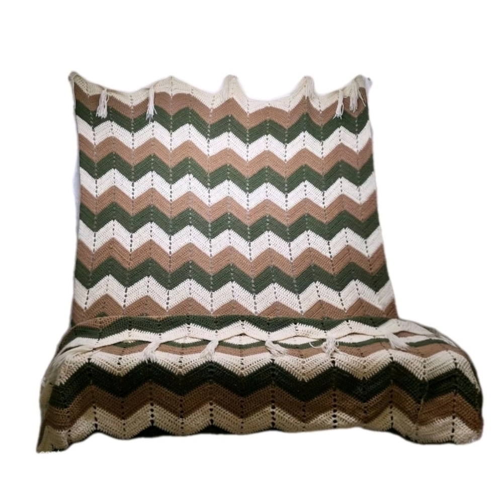 Vintage Chevron Crochet Knit Afghan Blanket Extra Long